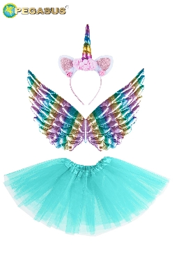 SET UNICORNO CELESTE 3PZ(CERCHIETTO,ALI E GONNA)